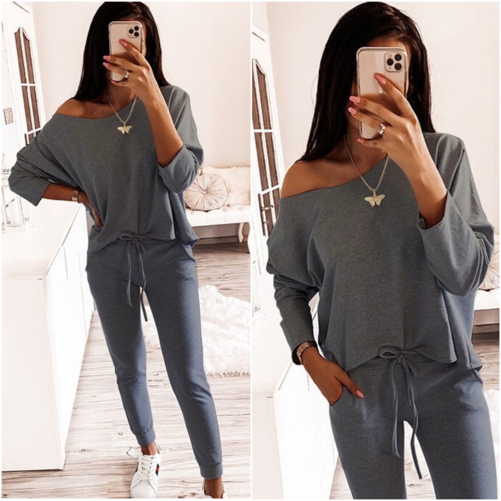One shoulder 2 piece lounge set - WINE - Picture 4 of 5